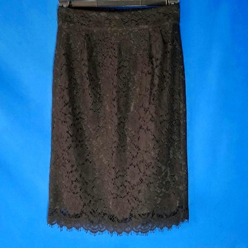 J. Crew Black Lace Pencil Skirt Featuring Intricate Lace Detailing Fully Lined